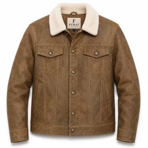 Veste de camionneur décontractée pour homme en cuir marron vieilli Furat Leathers, avec doublure en peau de mouton, respirante, coupe-vent, col montant, fermeture éclair - Product Image 1