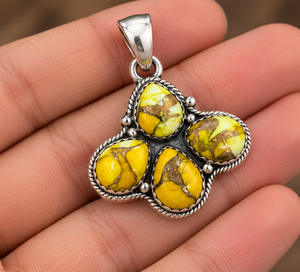 Colgante de Plata Turquesa con Dalia Amarilla y Cuatro Cabujones de Gemas Amarillas, Joyería de Estilo Bohemio del Suroeste Vintage - Product Image 3