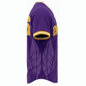 Maillot de baseball personnalisé pour homme, manches courtes, violet et or, avec broderie et appliqué, en maille respirante, coupe classique, toutes saisons, tenue d'équipe - Product Image 3