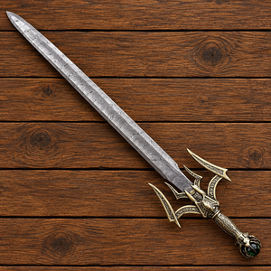 Espada Barbarca Medieval de Acero de Damasco, Hoja de Doble Filo de Acero de Damasco Forjada a Mano con Funda de Cuero - Product Image 4