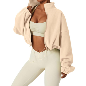 Sudadera corta de forro polar beige para mujer, cuello alto, hombros caídos, manga larga, estilo oversize, para otoño, color liso, con cremallera frontal, OEM - Product Image 3