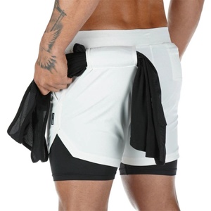 Men's White Solid Drawstring Shorts With Black Inner <b>Layer</b> Quick Dry Knitted Casual <b>Mid</b> Waist Short Shorts - Product Image 2