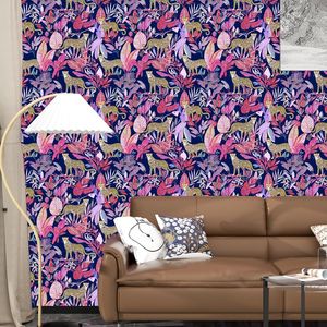 Papel Tapiz Autoadhesivo Impermeable con Diseño de Leopardo y Animales de la Selva, Hojas Rosas Tropicales - Product Image 2