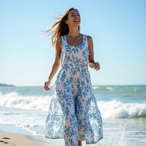 Wanderlust-Inspirado Blanco Azul Vines Sin mangas Maxi Vestido Boho Escalonado A-Line para Escapes de verano Salidas a la naturaleza Vestidos Casuales - Product Image 4