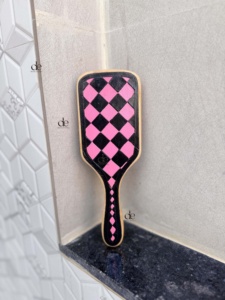 2026 New Design Handmade Hand Tooled Leather Wooden Hair Brush With Pink & Black Checkered Pattern Minimalist Design - Product Image 1
