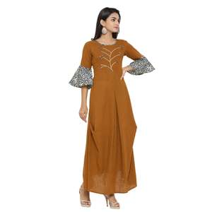 Women's Brown Cotton Blend Embroidered A-Line Kurta Bell Sleeves Neck Summer Ethnic Casual Wear Customized Logo Recycled - Product Image 1