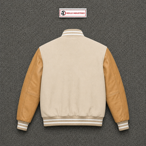 Chaqueta Varsity Premium de Lana Beige con Mangas de Cuero Color Bronceado, Chaqueta Bomber de Béisbol Personalizada con Letras para Hombre y Mujer, Venta al Por Mayor - Product Image 6