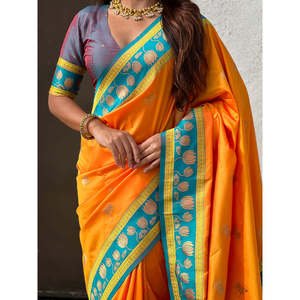 Sari Tradicional Pichwai de Seda Suave Color Naranja con Bordado Zari, Vestidos Elegantes de Cóctel de Elite Weaves, 600g - Product Image 2