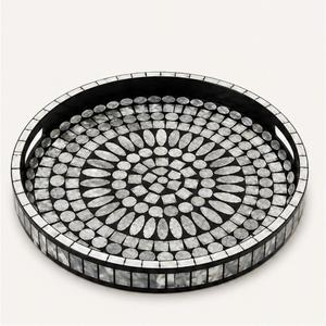 Plateau décoratif en nacre incrustée, mosaïque noire et blanche de luxe, plateau rond pour servir, vente en gros, plateau décoratif pour table basse - Product Image 5
