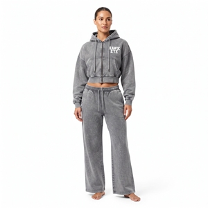 Manufacture Women's Casual Wear Acid Wash Cotton Fleece Full Zip Drop Shoulder <b>Crop</b> <b>Top</b> And Wide Leg Jogger <b>Set</b> - Product Image 5