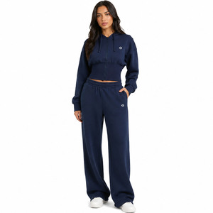 Ensemble de survêtements décontractés Y2K pour femmes : sweats à capuche bleu marine zippés et pantalons en molleton coupe décontractée, taille élastique – Vente en gros OEM/ODM - Product Image 1