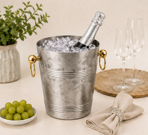 Seau à glace vintage en acier inoxydable argenté avec poignées dorées de luxe, bac à champagne et à vin en métal pour bar et fêtes - Product Image 2