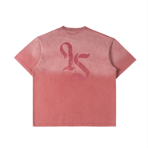 Camiseta Oversize de Cuello Redondo para Hombre, Manga Corta, Teñido Degradado, Algodón Tejido, Color Sólido Rosa Rojo Degradado - Product Image 4