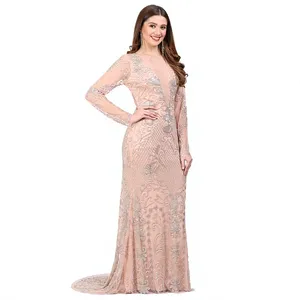 Robe de soirée sirène élégante rose poudré, illusion transparente, manches longues, sequins, robe de cérémonie de luxe, robe de invitée de mariage - Product Image 1