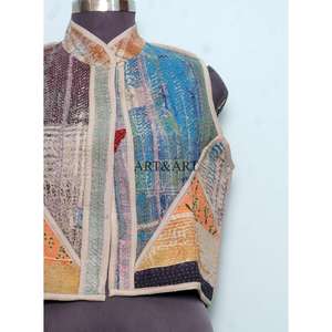 Chaleco Étnico para Mujer, Hecho a Mano en India, de Algodón con Parches Multicolores, Estilo Kantha Vintage, Corto, Transpirable y Ecológico - Product Image 2