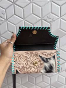 Cartera de mano de cuero de piel de vaca de diseñador, billetera tallada a mano, tarjetas de crédito de cuero de Color turquesa Vintage, regalos en efectivo - Product Image 4