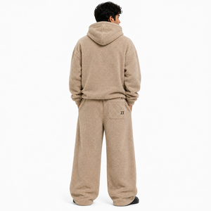 Men's Beige Sherpa Fleece Tracksuit Set 2PC <b>Full</b> <b>Zip</b> <b>Hoodie</b> Wide Leg Trousers Warm Winter Streetwear Custom OEM Manufacturer - Product Image 2