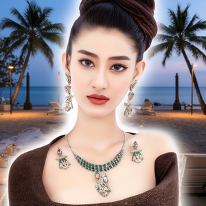 Fashion Jewelry Set Silver-Tone Choker and Earrings with Green Stone Studs - Product Image 2