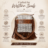 Sac bandoulière en cuir de vachette fait main avec poignée en fourrure, style western, orné de franges et de motifs floraux sculptés à la main, pour femme