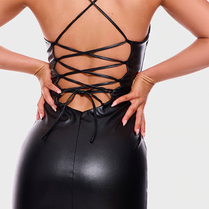 Fashion Beautiful Women's Genuine Leather Knee-Length Casual Dress with Slit and Diamonds Solid Closure Leather Dress - Product Image 5
