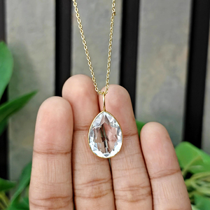 Luminous Crystal Quartz Faceted Pendant Handmade Brass Bezel Setting Jewelry 18k Gold Plated <b>Cable</b> Chain Necklace Women Wedding - Product Image 2