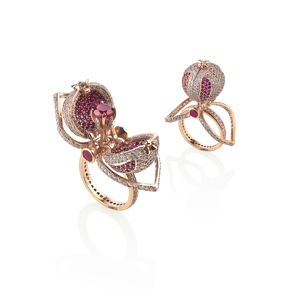 Anillo de cóctel de lujo en oro rosa con rubí, diseño de flor, engaste pavé, joyería fina para mujer, anillo llamativo para fiesta - Product Image 1