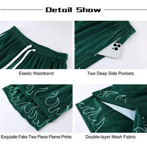 Custom Logo Men <b>Mesh</b> Gym <b>Shorts</b> Flame Print Breathable Summer Casual Wear Double Layer <b>Mesh</b> <b>Short</b> OEM ODM Manufacturer - Product Image 5