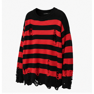 Pull tricoté d'hiver pour homme 2026, noir et rouge, à manches longues, avec trous déchirés, 100 % coton, séchage rapide, respirant - Product Image 3