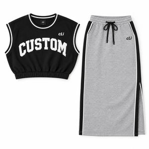Hot Selling Women's 100% Cotton Black Grey Crop Tank <b>Top</b> <b>Maxi</b> <b>Skirt</b> <b>Set</b> Custom 3D Puff Print Contrast Stripe Side Slit Tracksuit - Product Image 3