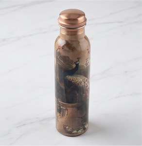 Botella de agua vintage de cobre con estampado de pavo real, tapa de rosca, frasco de metal reutilizable - Product Image 1