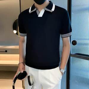 เสื้อโปโลชาย สีดำ ผ้าฝ้าย แขนสั้น คอวี แต่งขอบตัดกัน ทรงปกติ สวมใส่สบาย ผ้าถัก สีพื้น - Product Image 4