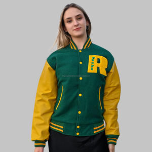 Fabricant de vestes universitaires Letterman 100% en laine personnalisées Manches en cuir véritable jaune avec broderie en chenille - Product Image 1