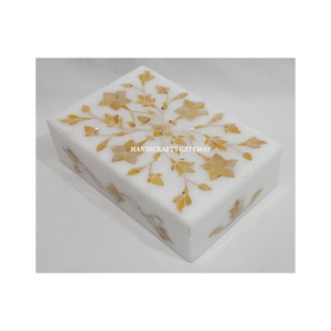 Caja de joyería con Incrustaciones de nácar azul mármol blanco natural forma rectangular diseño de incrustaciones florales hecho a mano embalaje de collar usado - Product Image 3