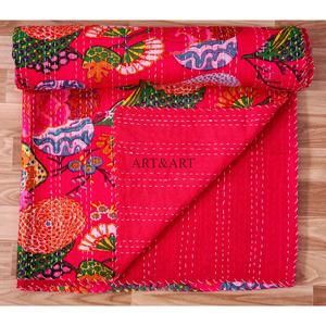 Couvre-lit Kantha indien fait main, 100% coton, imprimé à la main, motif floral, poids du tissu 220g, origine Rajasthan - Product Image 5