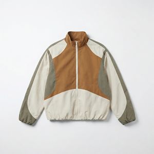 Chaqueta deportiva con cremallera frontal en bloques de color camel, caqui y crema — Cortavientos retro unisex con paneles en contraste |   Marca Privada OEM/ODM - Product Image 1