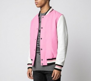 Chaqueta Bomber Letterman Rosa con Mangas Blancas, Exterior de Mezcla de Lana, Brazos de Cuero Sintético, Puños Acanalados Negros y Blancos, Estilo Casual Urbano - Product Image 2