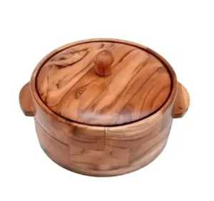 Natural Solid Wood Casserole Insulated Hot <b>Pot</b> Stainless Steel Liner Side Handles <b>Lid</b> Chapati Roti Warmer Serving Container - Product Image 1