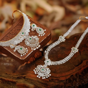 Ganga Jamuna Gold Plated Flower Design Bridal Necklace and Earring Set with Oxidized Polish Finish for Wedding Occasion - Product Image 3