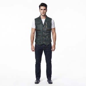 Gilet utilitaire en cuir véritable pour homme avec rembourrage en polyester, veste sans manches multi-poches - Product Image 1
