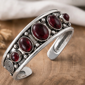 <b>Ruby</b> Red Garnet Five Stone Wide Cuff Bangle Handmade Brass Silver Gold Plated Classic Unisex Gift Jewelry - Product Image 4