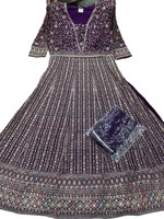Ensemble élégant pour femme, décontracté, ample, long, violet, avec sequins et broderies, style Anarkali Salwar Kameez Lehenga, col en V profond, dupatta à motifs