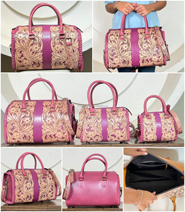 Chic Attire Luxury for Hand-Tooled Floral Genuine Leather 15-Inch Duffel Weekender Travel <b>Bag</b> Zipper Closure Nylon - Product Image 3