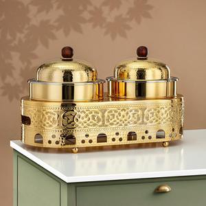 Luxury Double Bowl Gold Chafing Dish Arabic Calligraphy Handcrafted Hammered Buffet Food <b>Warmer</b> Serving Dish Single Unit - Product Image 2