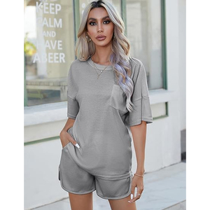 Women Lightweight Waffle Knit Lounge Set Oversized Top and Shorts <b>Matching</b> Outfit Wholesale - Product Image 4