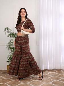 Cotton Cambric Floral Printed Anarkali Kurta Crop <b>Top</b> Flared Pants Co-Ord Set Women's Summer Ethnic Quick Dry Sun Protection - Product Image 6