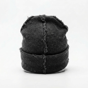 Gorro de punto negro desgastado para hombre, gorro de invierno con dobladillo, gorra unisex estilo streetwear, gorro tipo calavera, accesorio de moda al por mayor con logotipo personalizado - Product Image 2