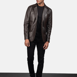 FASPAR SPORTS Men <b>Leather</b> <b>Blazer</b> <b>Jacket</b> Notched Collar Single Button Regular Fit Breathable 180g Woven Fabric Needle Detection - Product Image 1