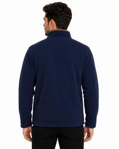 Veste polaire zippée intégrale pour homme, bleu marine uni, col montant, avec bordure contrastante marron, chaude et douce, idéale pour l'hiver et les tenues décontractées - Product Image 6