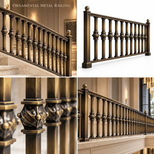Balustrades d'escalier en bronze Heritage avec colliers floraux facettés et poteaux carrés foncés pour des intérieurs classiques raffinés - Product Image 5