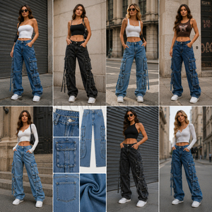 Jeans Cargo de Cintura Alta para Mujer, Ajuste Holgado, Denim Lavado a la Piedra, Largos, con Tops Cortos Ajustados, Ropa al por Mayor de Bangladesh - Product Image 5